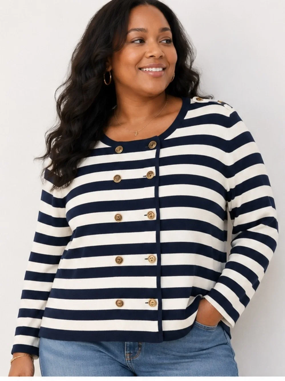 J.Crew Navy White Stripe Gold Button Cardigan Sweater XL